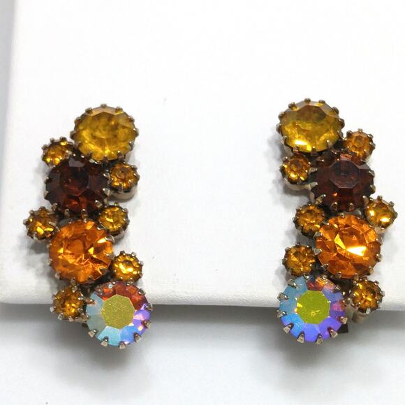 Karu Arke Rhinestones Clip Earrings, Topaz AB Austrian Crystals, 1950s - Picture 6 of 10